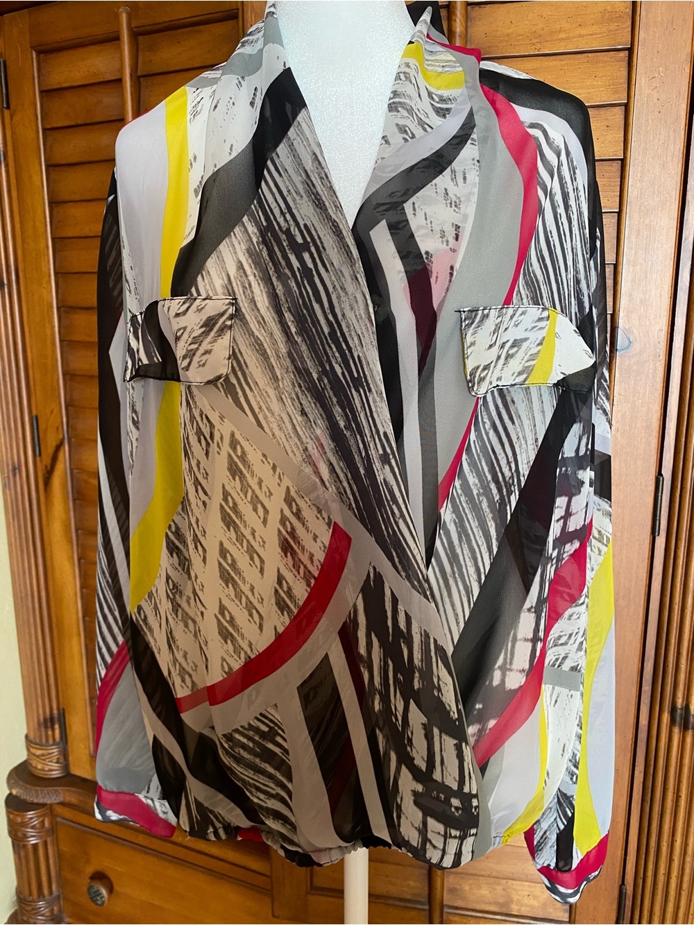 Bisou Bisou Sheer Abstract Stripe Blouse in Black, White & Pink